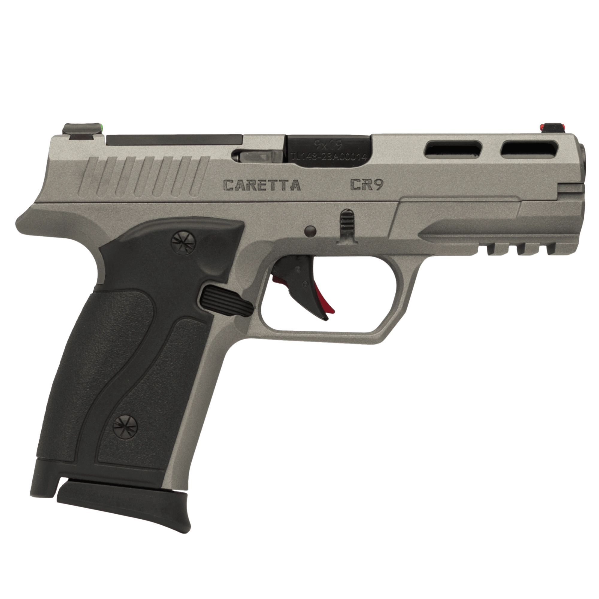 CR9 with tungsten-finish slide and frame, showing slide serrations, trigger and accessory rail